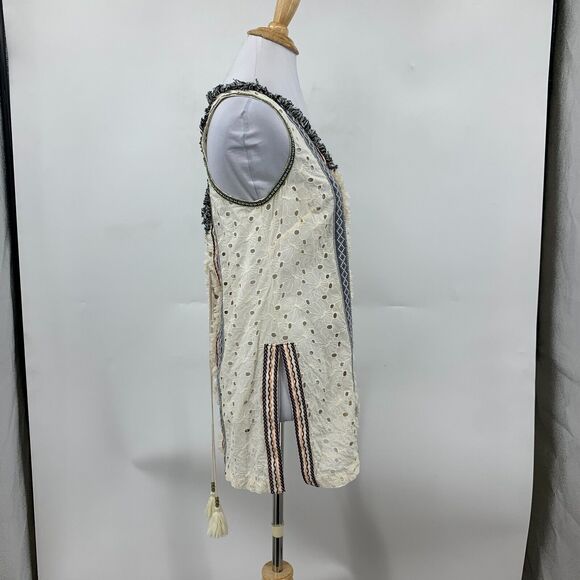 Artelier Nicole Miller Tank Top Women P Petite Embroidered Fringe Lace Up Tassel - Picture 5 of 14